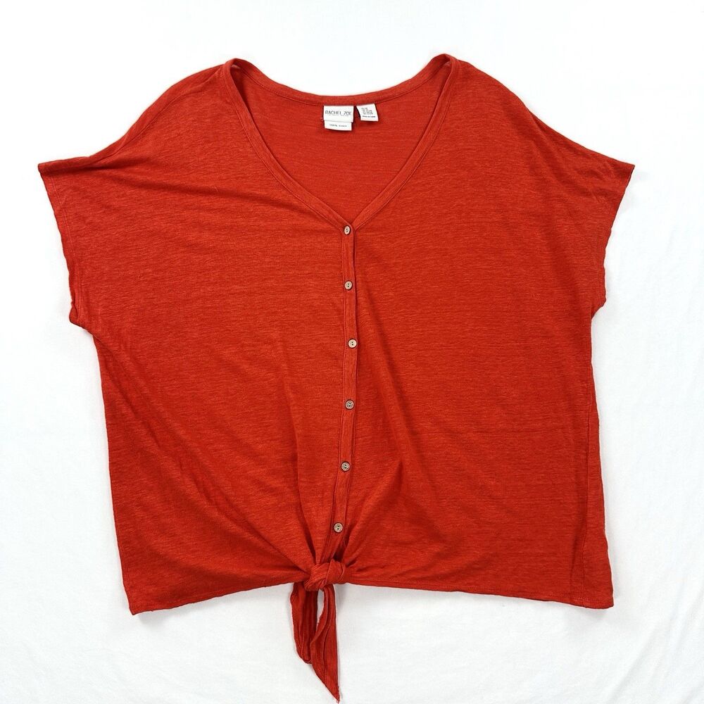 Rachel Zoe Linen Top Womens 2X Orange Red Blouse Tie Front Button Up Colorful - Picture 3 of 10